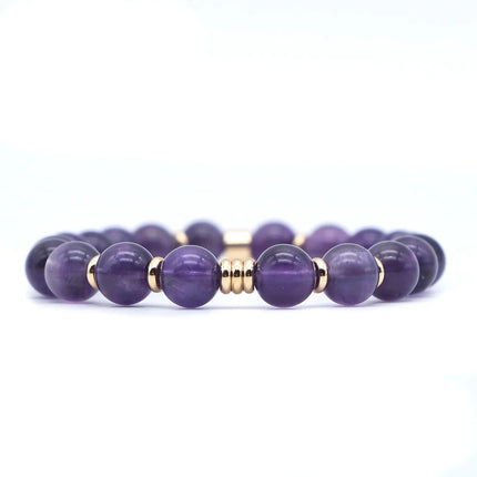 BRACELET ANTI-STRESS AMETHYSTE Catégorie AA / Perle plaquée OR 18 CARATS 8MM