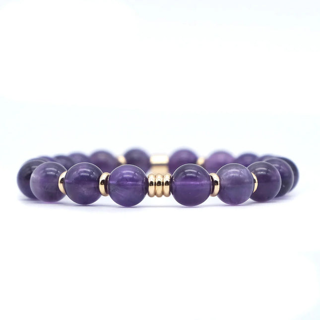 BRACELET ANTI-STRESS AMETHYSTE Catégorie AA / Perle plaquée OR 18 CARATS 8MM