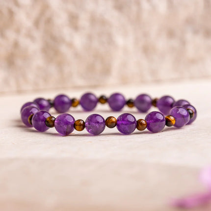 BRACELET PAIX ET POSITIVITE AMETHYSTE 8MM ET OEIL DE TIGRE 4MM