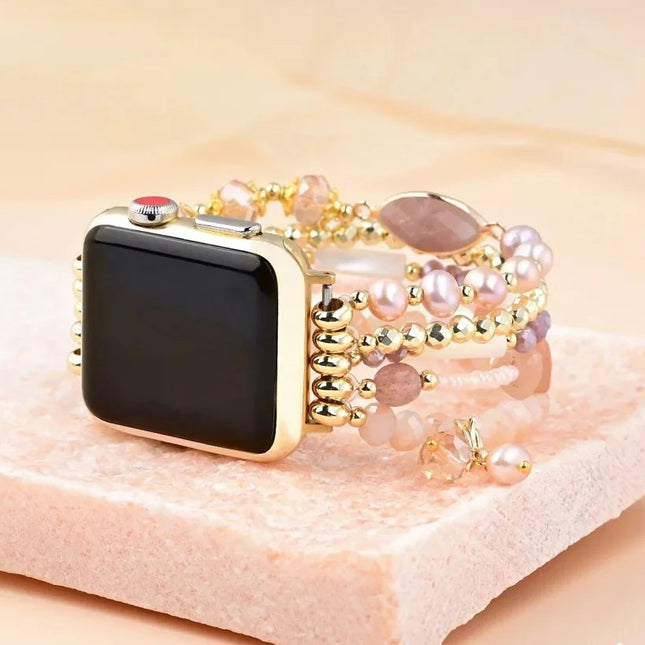 Bracelet Apple Watch en aventurine rose naturelle et perle