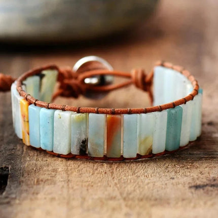 Bracelet arbre de vie en pierre d'amazonite naturelle et cuir