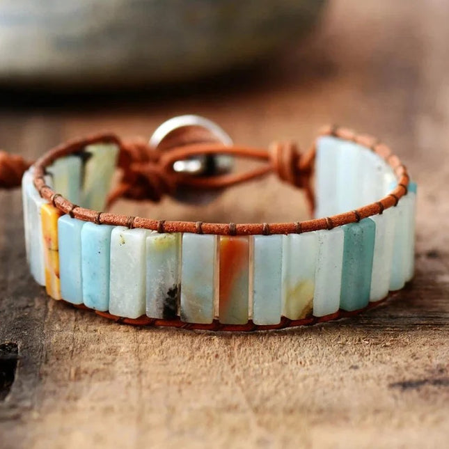 Bracelet arbre de vie en pierre d'amazonite naturelle et cuir