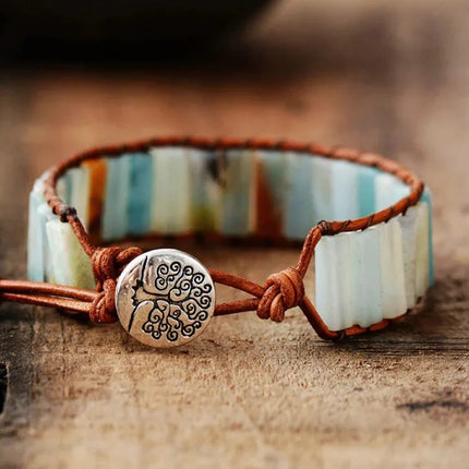 Bracelet arbre de vie en pierre d'amazonite naturelle et cuir