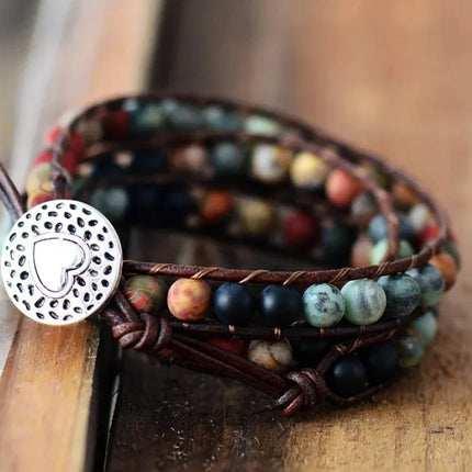 Bracelet en cuir orné de pierres semi-précieuses naturelles LOVE