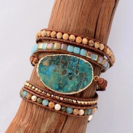 Bracelet en cuir et jaspe océan naturel