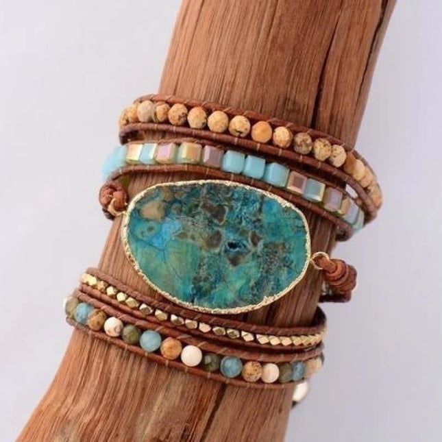 Bracelet en cuir et jaspe océan naturel