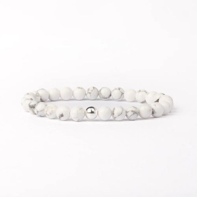 BRACELET ANTI-STRESS HOWLITE ET PERLE ACIER INOXYDABLE  / ZIMBABWE 8mm