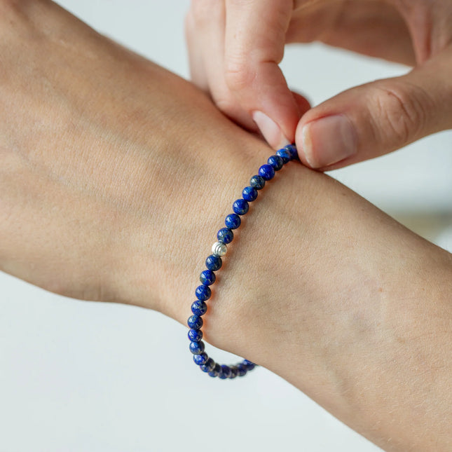 BRACELET CREATIVITE/SAGESSE LAPIS LAZULI ET PERLE ACIER INOXYDABLE 4MM
