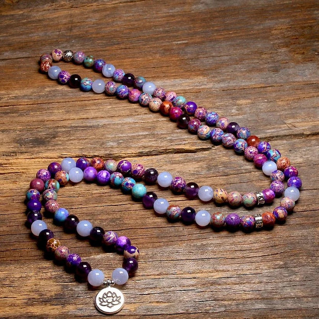 Bracelet mala de 108 perles en jaspe violet et amethyste