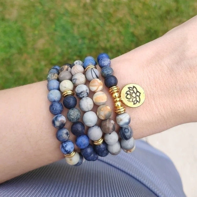 Bracelet mala en Jaspe Picasso naturel et pierre bleue, composé de 108 perles