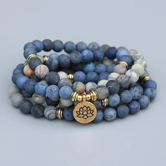 Bracelet mala en Jaspe Picasso naturel et pierre bleue, composé de 108 perles