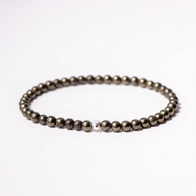 BRACELET ENERGIE ET REUSSITE PYRITE 4mm / Catégorie A / Pérou / Perle acier inoxydable
