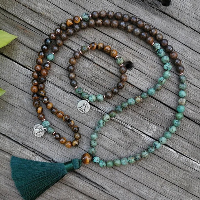 Mala de 108 perles en bronzite oeil de tigre naturel et turquoise africaine