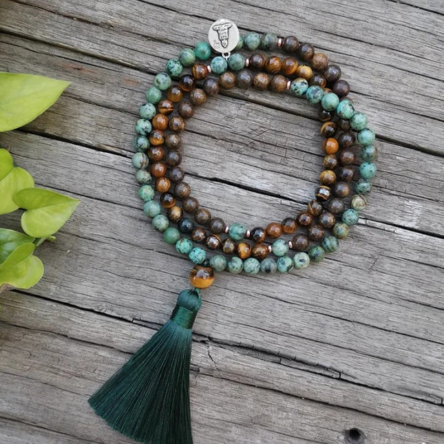 Mala de 108 perles en bronzite oeil de tigre naturel et turquoise africaine