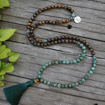 Mala de 108 perles en bronzite oeil de tigre naturel et turquoise africaine