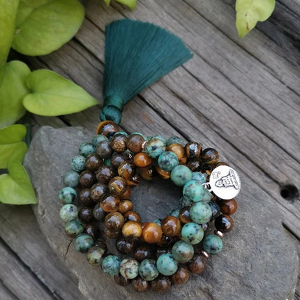 Mala de 108 perles en bronzite oeil de tigre naturel et turquoise africaine