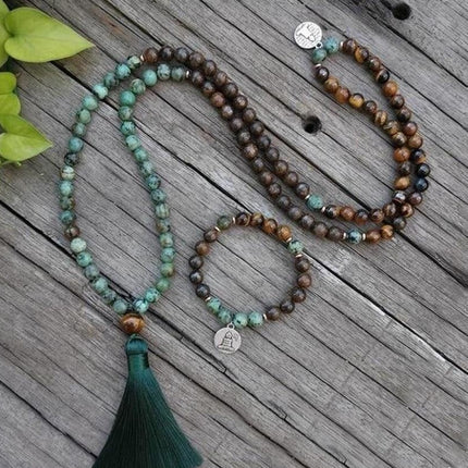 Mala de 108 perles en bronzite oeil de tigre naturel et turquoise africaine