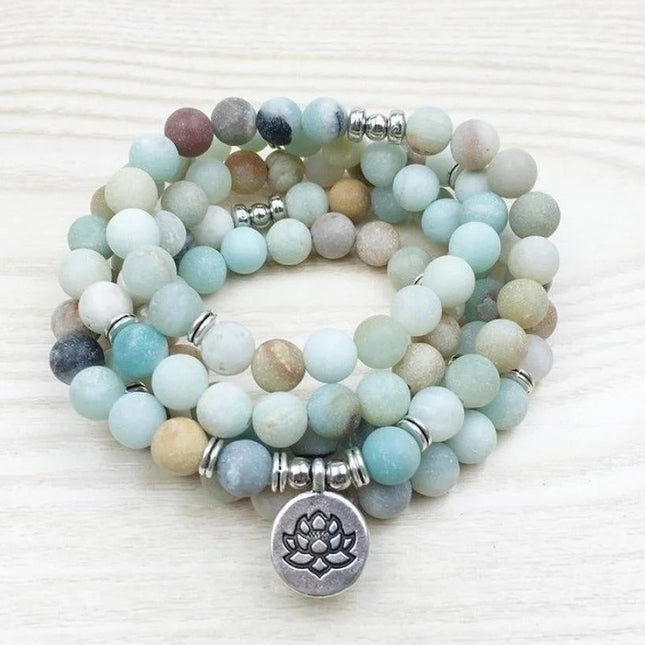 Mala de 108 perles de pirère en pierres d'amazonite mate naturelle