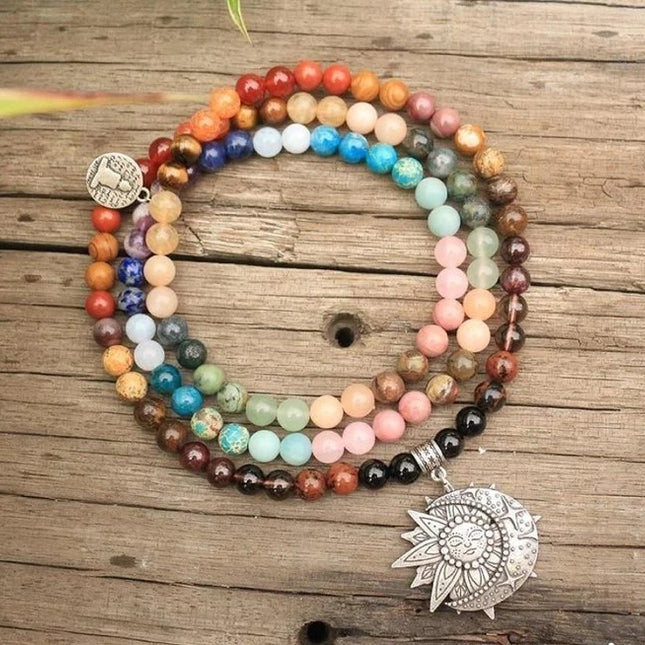 Collier mala de 108 perles de pierres précieuses naturelles des 7 chakras